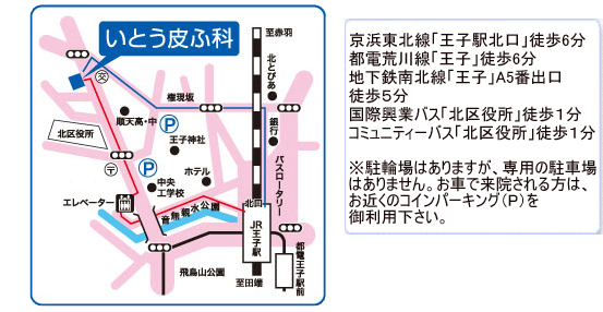京浜東北線「王子駅北口」徒歩5分・都電荒川線「王子駅」徒歩6分・地下鉄南北線「王子駅5番出口」徒歩4分・国際興行バス「北区役所」徒歩1分 いとう皮ふ科周辺地図