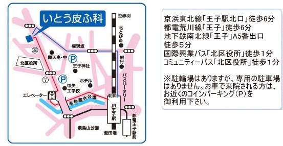 京浜東北線「王子駅北口」徒歩5分・都電荒川線「王子駅」徒歩6分・地下鉄南北線「王子駅5番出口」徒歩4分・国際興行バス「北区役所」徒歩1分 いとう皮ふ科周辺地図